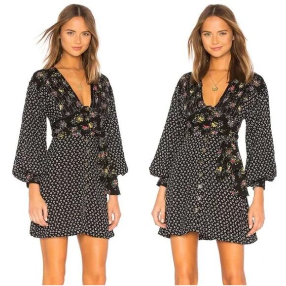 Free People Wonderland Floral Print Puff Sleeve Mini Dress Black Size Medium - Picture 1 of 10
